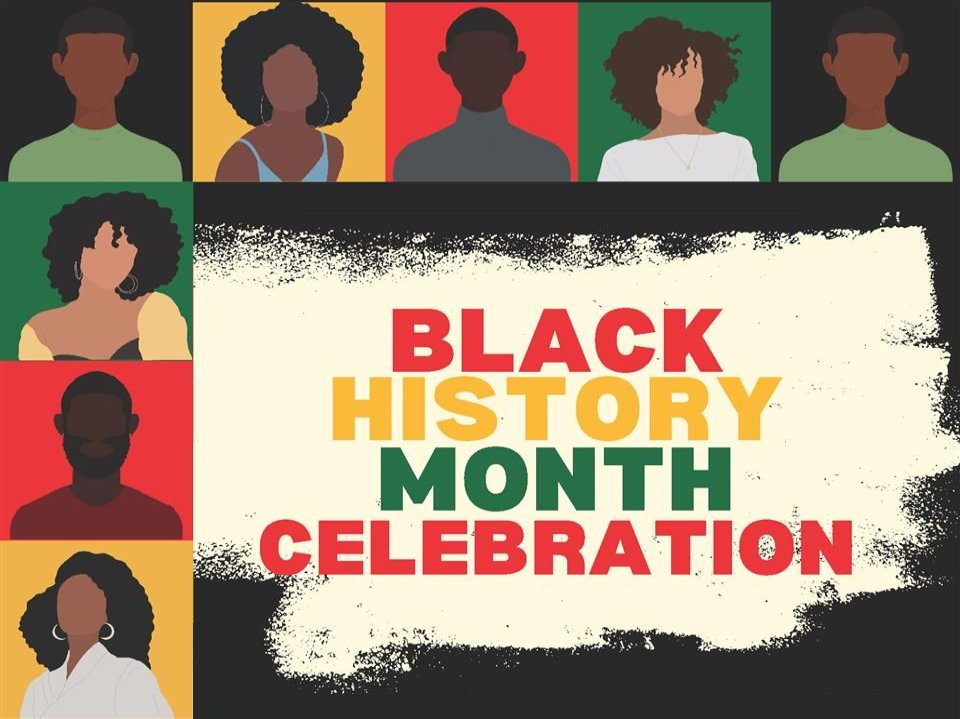 a graphic with silhouettes of black individuals around the outer edge with the text 'Black History Month Celebration' in the center